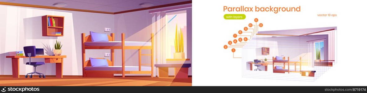 Parallax background student dormitory with bunk bed, computer on desk, chair and bookshelf. Empty interior of college or university dorm 2d game animation layers, sidescroller Cartoon vector template. Parallax background student dormitory with bunkbed