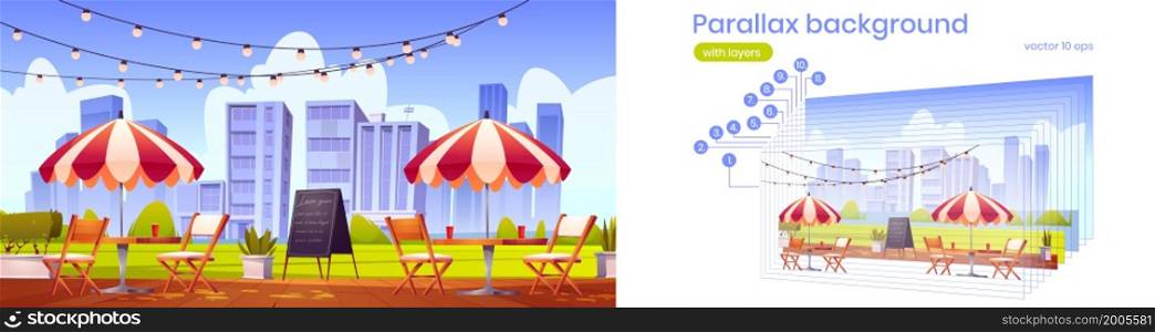 Parallax background summer cafe at outdoor terrace. City coffeehouse with wooden tables, chairs and umbrella. Street cafeteria on cityscape view, separated layers 2d game animation Vector illustration. Parallax background summer cafe at outdoor terrace