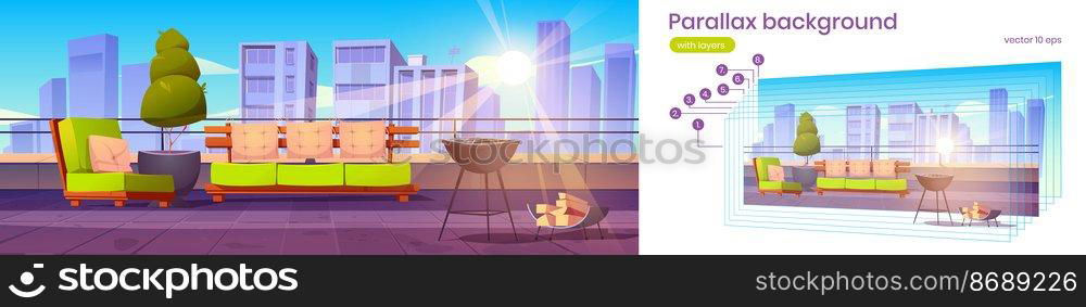 Parallax background summer cafe on roof, outdoor restaurant at rooftop terrace on city view. Empty patio with grill machine, comfy sofa 2d game animation with separated layers, Vector illustration. Parallax background summer cafe on roof, animation