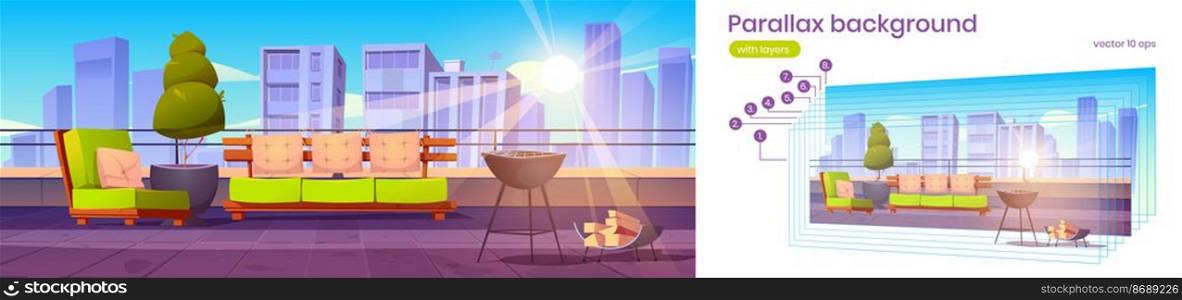 Parallax background summer cafe on roof, outdoor restaurant at rooftop terrace on city view. Empty patio with grill machine, comfy sofa 2d game animation with separated layers, Vector illustration. Parallax background summer cafe on roof, animation