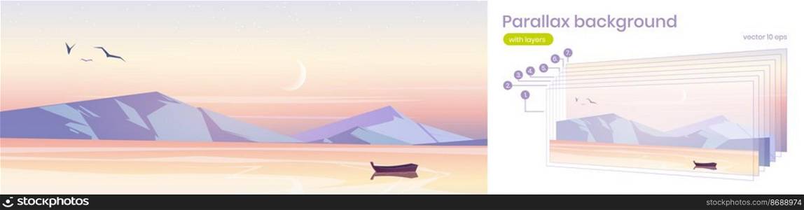 Parallax background, sunrise in ocean with boat 2d nature landscape. Separated layers wooden skiff floating under pink sky on calm water surface, sidescroller for game, Cartoon vector illustration. Parallax background, sunrise in ocean with boat