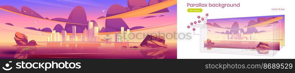 Parallax background sunset city skyline architecture near waterfront, modern megapolis with buildings skyscrapers under purple sky 2d separated layers for game animation, Cartoon vector illustration. Parallax background sunset city skyline, megapolis