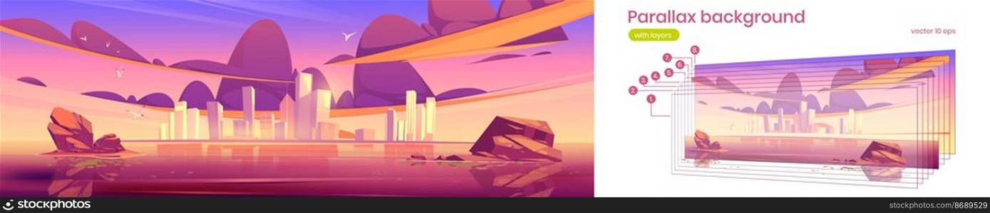 Parallax background sunset city skyline architecture near waterfront, modern megapolis with buildings skyscrapers under purple sky 2d separated layers for game animation, Cartoon vector illustration. Parallax background sunset city skyline, megapolis