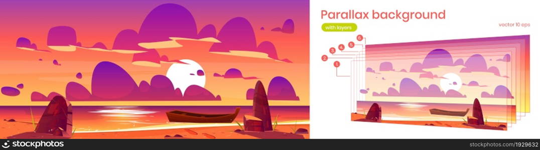 Parallax background, sunset in ocean with boat 2d nature landscape. Separated layers wooden moored to beach under colorful orange sky with purple clouds, sidescroller for game, Cartoon vector scene. Parallax background, sunset in ocean with boat