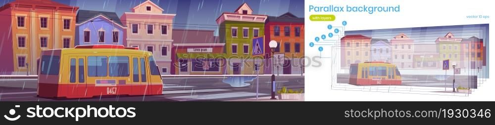 Parallax background tram riding on retro city street at rainy day. Trolley car on vintage 2d cityscape cartoon view with vintage buildings, town under rain, separated layers for game, Vector scene. Parallax background tram riding retro city street