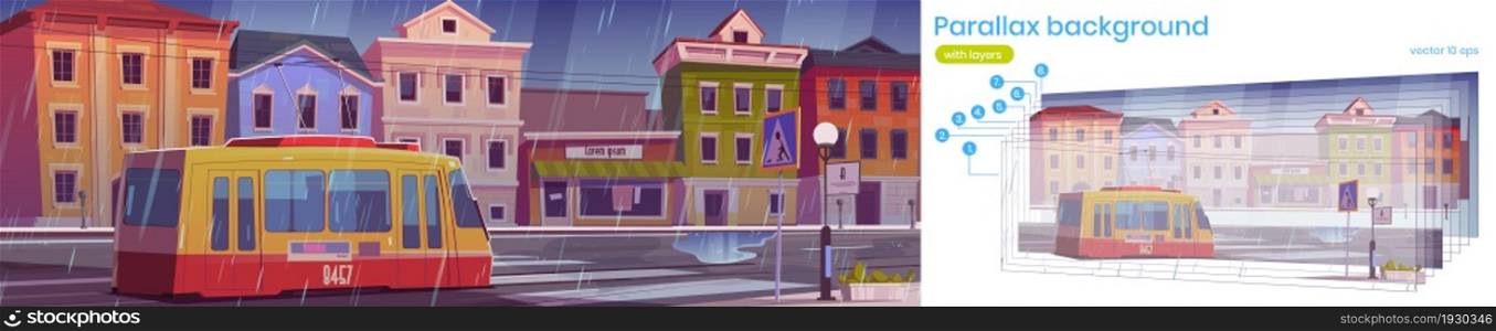 Parallax background tram riding on retro city street at rainy day. Trolley car on vintage 2d cityscape cartoon view with vintage buildings, town under rain, separated layers for game, Vector scene. Parallax background tram riding retro city street