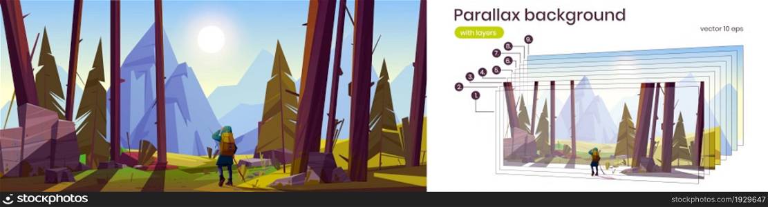 Parallax background traveler at forest with mountains view 2d scenery nature landscape. Travel journey, adventure game. Tourist with backpack, cartoon view with separated layers, Vector illustration. Parallax background traveler at forest with rocks