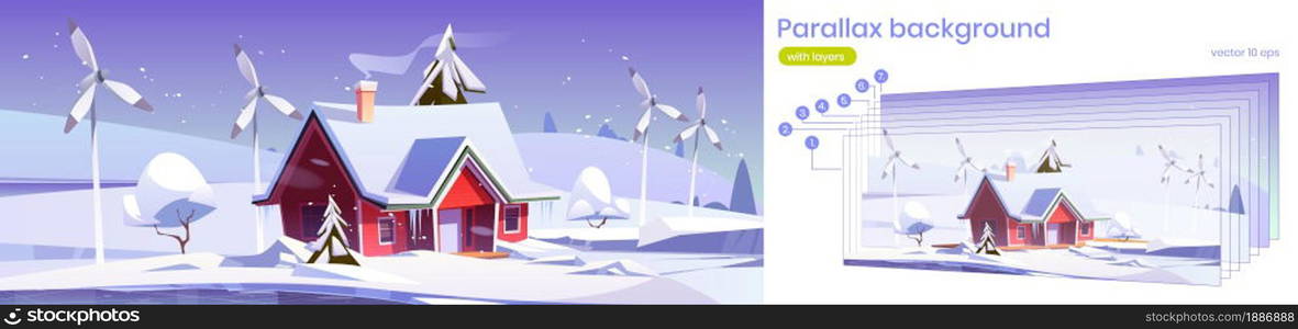 Parallax background winter 2d landscape with house and wind turbines. Cartoon vector scene with separated layers for game animation with Eco friendly home and power generation windmills in snow. Parallax background winter 2d landscape with house