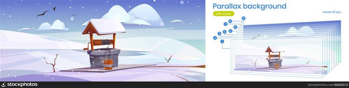 Parallax background winter 2d landscape with old stone well with drinking water on snowy hill. Wintertime nature cartoon scenery view with separated layers, animation for game, Vector illustration. Parallax background winter 2d landscape stone well