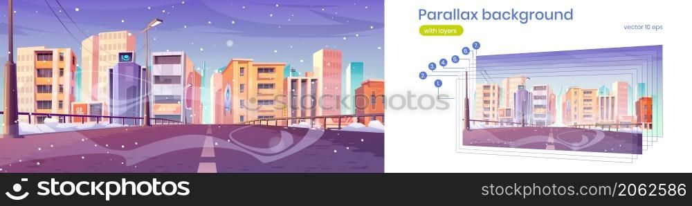 Parallax background winter bridge city view street. Urban architecture, megapolis infrastructure with skyscrapers under falling snow, separated layers for 2d game animation Cartoon vector illustration. Parallax background winter bridge city view street