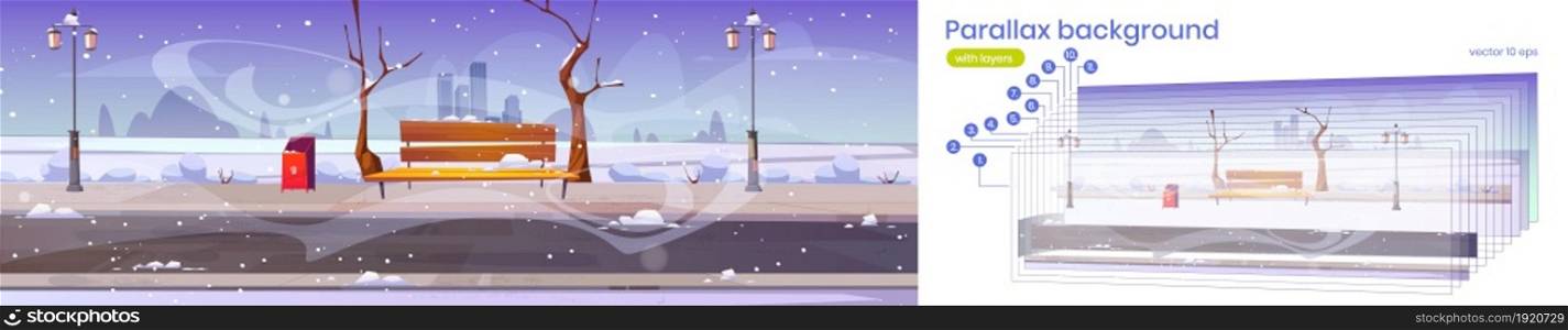 Parallax background winter city park with wooden bench, bare trees, blizzard and snowdrifts 2d landscape. Cartoon cityscape view withpublic garden separated layers for game scene, Vector illustration. Parallax background winter city park with bench