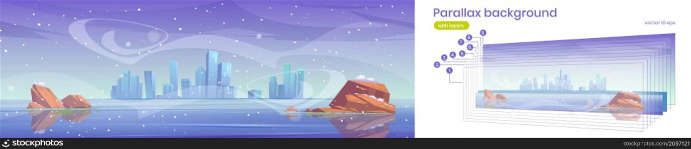 Parallax background winter city skyline at frozen waterfront bay. Urban 2d cityscape architecture under snowfall. skyscraper buildings separated layers for game animation, Cartoon vector illustration. Parallax background winter city skyline frozen bay