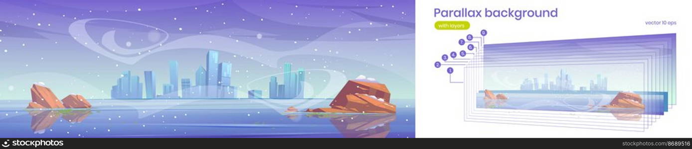 Parallax background winter city skyline at frozen waterfront bay. Urban 2d cityscape architecture under snowfall. skyscraper buildings separated layers for game animation, Cartoon vector illustration. Parallax background winter city skyline frozen bay