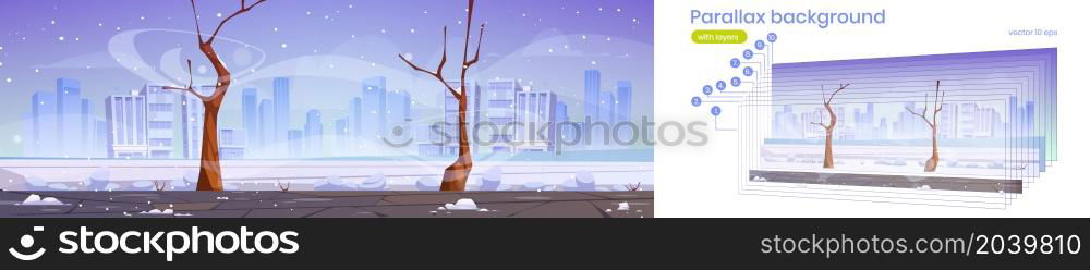 Parallax background winter city street with bare trees, blizzard and snowdrifts. 2d Urban cityscape with buildings skyline at wintertime season, separated layers for game animation Vector illustration. Parallax background winter city street cityscape