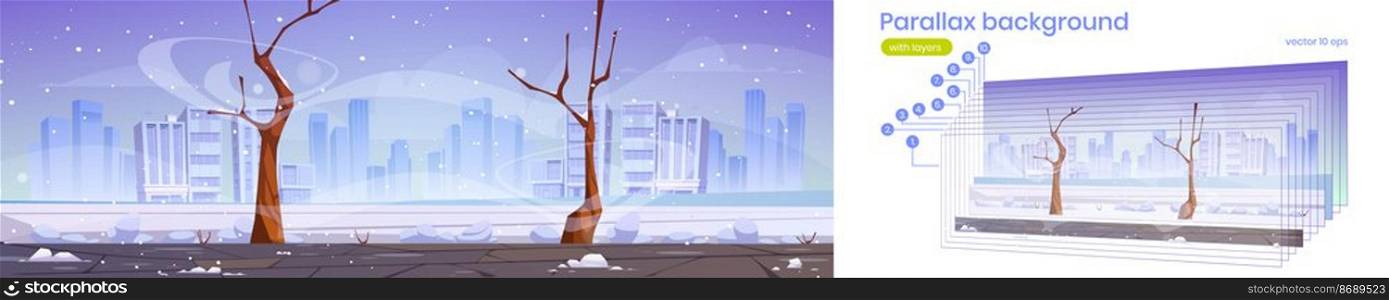 Parallax background winter city street with bare trees, blizzard and snowdrifts. 2d Urban cityscape with buildings skyline at wintertime season, separated layers for game animation Vector illustration. Parallax background winter city street cityscape