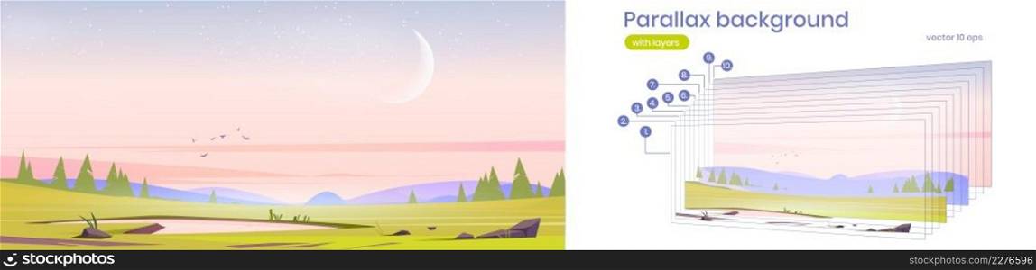 Parallax background with early morning nature landscape with green field with pond, grass, rocks and conifers under pink sky with crescent, 2d layers for game animation, Cartoon vector illustration. Parallax background with early morning nature