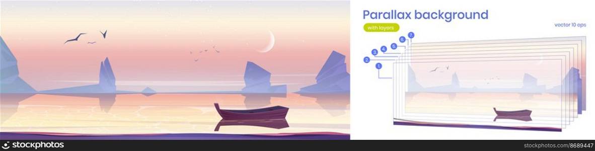 Parallax background wooden boat on sea 2d landscape. Picturesque nature with lonely skiff floating on calm water at early morning scenery cartoon view with separated layers for game, Vector backdrop. Parallax background wooden boat on sea landscape