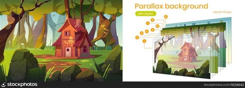 Parallax background wooden house in summer forest. Old shack in deep wood 2d nature landscape. Cartoon scenery view with forester or witch hut separated layers for game scene, Vector illustration. Parallax background wooden house in summer forest