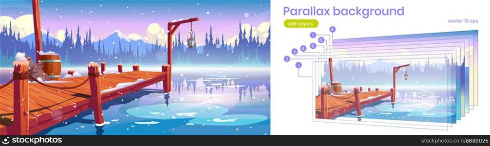 Parallax background wooden pier on winter lake, pond or river 2d landscape, wintertime nature snowflakes fall on water cartoon scenery view with separated layers for game scene, Vector illustration. Parallax background wooden pier on winter lake