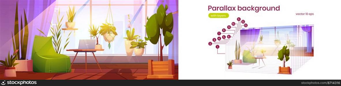 Parallax background workplace at home garden with plants, desk with laptop and cozy armchair interior, working area for freelancer 2d game animation layers, sidescroller Cartoon vector illustration. Parallax background workplace at home garden 2d