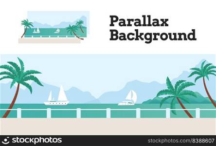 Parallax effect scene with seafront, coast line embankment with palm. Vector of seafront horizon, sidewalk paradise for summer tourism illustration. Parallax effect scene with seafront, coast line embankment with palm
