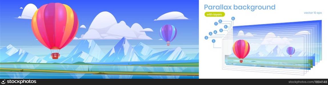 Parallax game background hot air balloons flying above ocean or sea and mountain peaks in blue cloudy sky. Scenery 2d landscape, ui layered animation scene with aerostat, Cartoon vector illustration. Parallax game background with hot air balloons