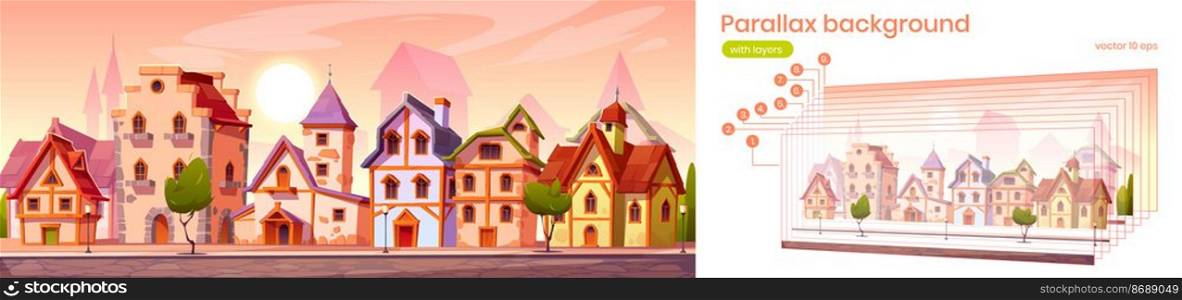 Parallax game background medieval town street with old european buildings. Cartoon 2d cityscape separated layers for game with vintage half-timbered facade of houses along road, Vector panoramic scene. Parallax background medieval town street