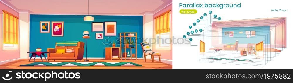 Parallax game background with modern living room interior with sofa, shelves and coffee table. 2d cartoon dwelling or hotel with furniture, home apartment design separated layers, Vector illustration. Parallax game background with modern living room