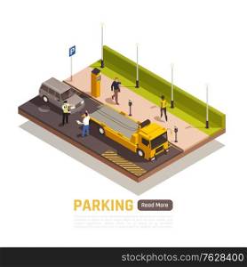 Parallel parking next to curb isometric element with wrong parked vehicle driver dispute with policeman vector illustration