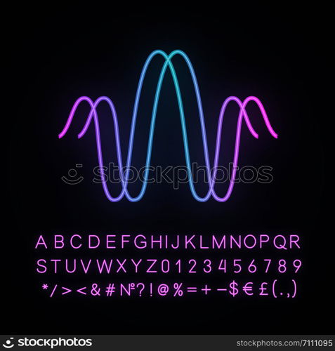 Parallel sound waves neon light icon. Digital soundwave. Voice recording, radio signal logotype. Soundtrack, music frequency. Glowing sign with alphabet, numbers, symbols. Vector isolated illustration