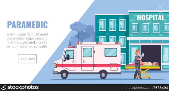 Paramedic aid cartoon page with hospital ambulance aand reanimation symbols vector illustration