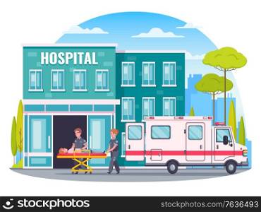 Paramedic ambulance cartoon concept with medical treatment symbols vector illustration