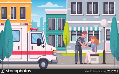 Paramedic emergency ambulance cartoon composition with modern city landscape and doctor doing blood pressure of person vector illustration