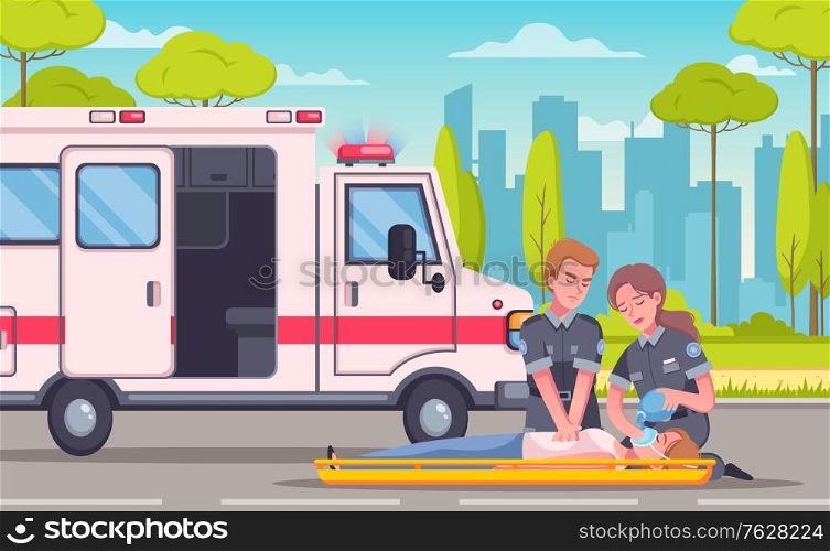 Paramedic emergency ambulance cartoon composition with urban landscape medical car and group of doctors with victim vector illustration