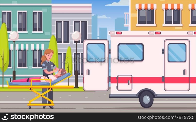 Paramedic emergency ambulance cartoon composition with urban outdoor street scenery and medical car with human characters vector illustration