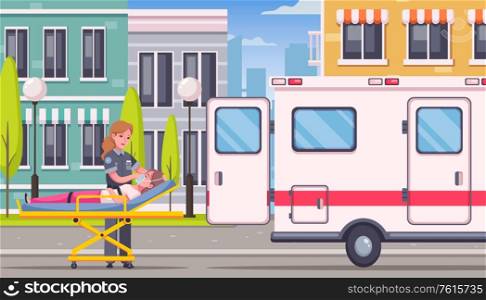 Paramedic emergency ambulance cartoon composition with urban outdoor street scenery and medical car with human characters vector illustration