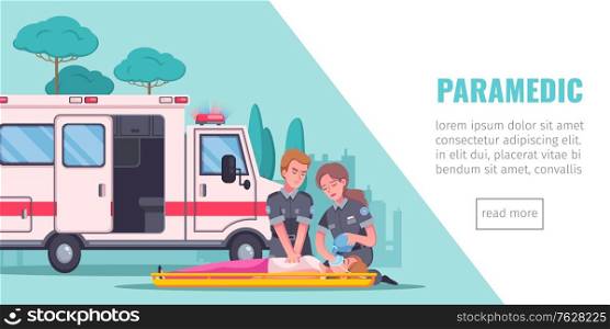 Paramedic emergency ambulance horizontal banner with editable text read more button and cartoon images of doctors vector illustration