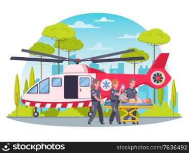 Paramedic first aid cartoon concept with helicopter ambulance vector illustration