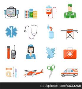Paramedic Flat Colored Decorative Icons. Paramedic flat colored decorative icons set with medicine chest device for pressure measuring handcart on wheels isolated vector illustration