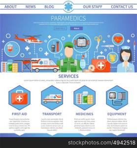 Paramedic One Page Template. Paramedic advertising template for website with contact information and decorative icons set of medical services tools and ambulance transport flat vector illustration
