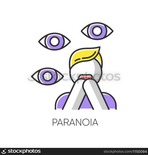 Paranoia color icon. Panic attack. Scared person. Fear and phobia. Terrified man. Conspiracy and distrust. Stress and anxiety. Delusion and irrationality. Mental disorder. Isolated vector illustration