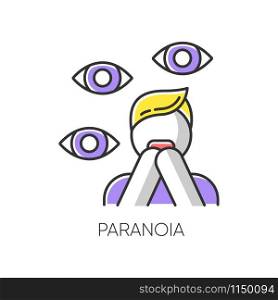Paranoia color icon. Panic attack. Scared person. Fear and phobia. Terrified man. Conspiracy and distrust. Stress and anxiety. Delusion and irrationality. Mental disorder. Isolated vector illustration