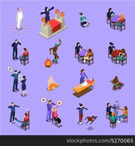 Paranormal Abilities Isometric Set. Paranormal abilities isometric set with prediction hypnotism voodoo and healer meditation on blue background isolated vector illustration