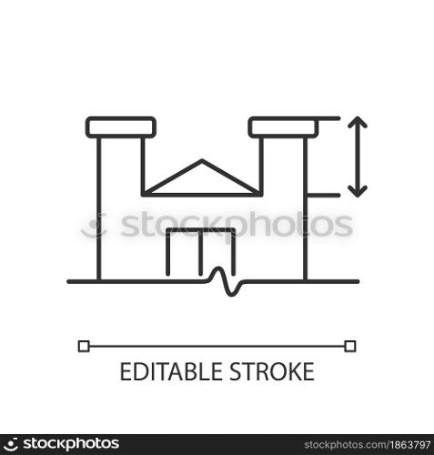 Parapet walls minimum height linear icon. Existing roof system extensions. Safety regulations. Thin line customizable illustration. Contour symbol. Vector isolated outline drawing. Editable stroke. Parapet walls minimum height linear icon