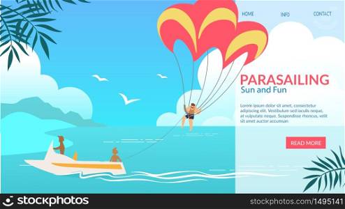 Parasailing Horizontal Banner, Parasail Wing with Man Pulled by Boat in Ocean, Tropical Vacation, Water Fun Recreation, Extreme Sport, Tourist Traveling in Tropic. Cartoon Flat Vector Illustration.. Parasailing Banner, Parasail Wing with Flying Man