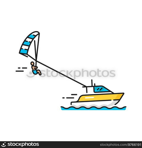 Parasailing, parascending, parakating water sport isolated color line icon. Vector person towed behind boat on parachute flying over sea or ocean waves. Parascending recreational kiting activity. Parakiting water sport activity, parasailing man