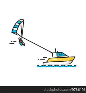 Parasailing, parascending, parakating water sport isolated color line icon. Vector person towed behind boat on parachute flying over sea or ocean waves. Parascending recreational kiting activity. Parakiting water sport activity, parasailing man
