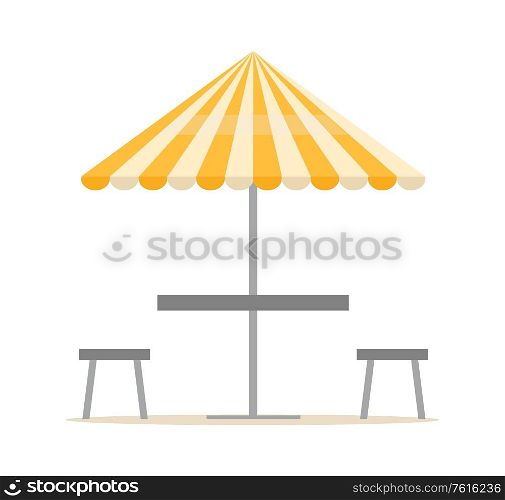 Parasol with table, chairs resort equipment, striped umbrella and seat in flat design style, nobody leisure place, summer element, beach furniture vector. Beach Equipment, Parasol and Chairs, Summer Vector