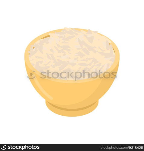 Parboiled rice in wooden bowl isolated. Groats in wood dish. Grain on white background. Vector illustration 