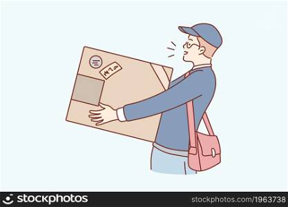 Parcel and post delivery concept. Young man in cap going holding huge box parcel delivering post feeling positive vector illustration. Parcel and post delivery concept.